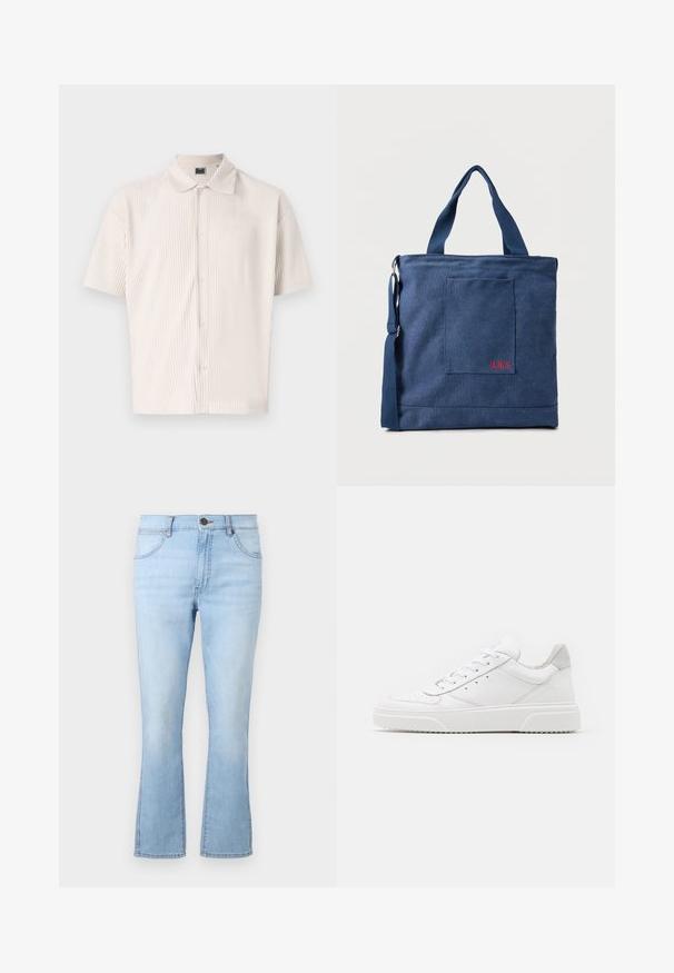 Kortærmet, lys beige skjorte med krave og lodrette striber. Har knaplukning foran og en afslappet pasform. Blød tekstur.; Lyseblå, flagrende jeans lavet af denim med fem lommer, knap- og lynlåslukning samt kontrastsy, der har en let falmet vask.; Hvide lædersneakers med en glat finish, rund tå, flade snørebånd og en struktureret sål. Grå ruskindsdetalje ved hælen.; Blå lærredstote taske med frontlomme og rød "O.N.S" broderi, med to håndtag og en justerbar skulderrem.