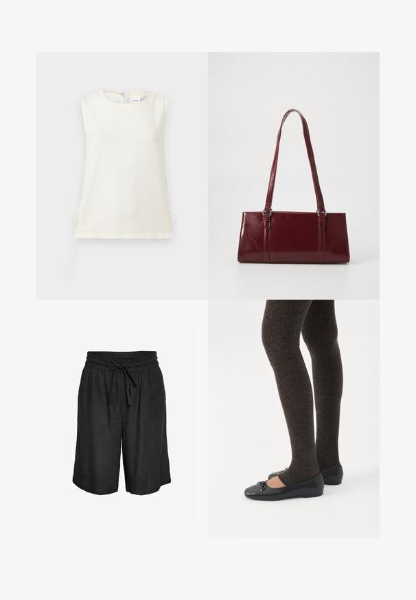 Blouse blanche sans manches avec encolure ronde et liens latéraux, fabriquée en tissu lisse, présentée sur un fond clair uni.; Shorts noirs coupe décontractée arrivant au genou avec taille élastique et cordon noué à l'avant, en tissu léger.; Jambes portant des leggings côtelés foncés associés à des ballerines noires avec de petits détails en nœud sur fond blanc.; Sac à main bordeaux en matériau brillant, de forme rectangulaire, avec deux anses et des accents légèrement courbés à l'avant.