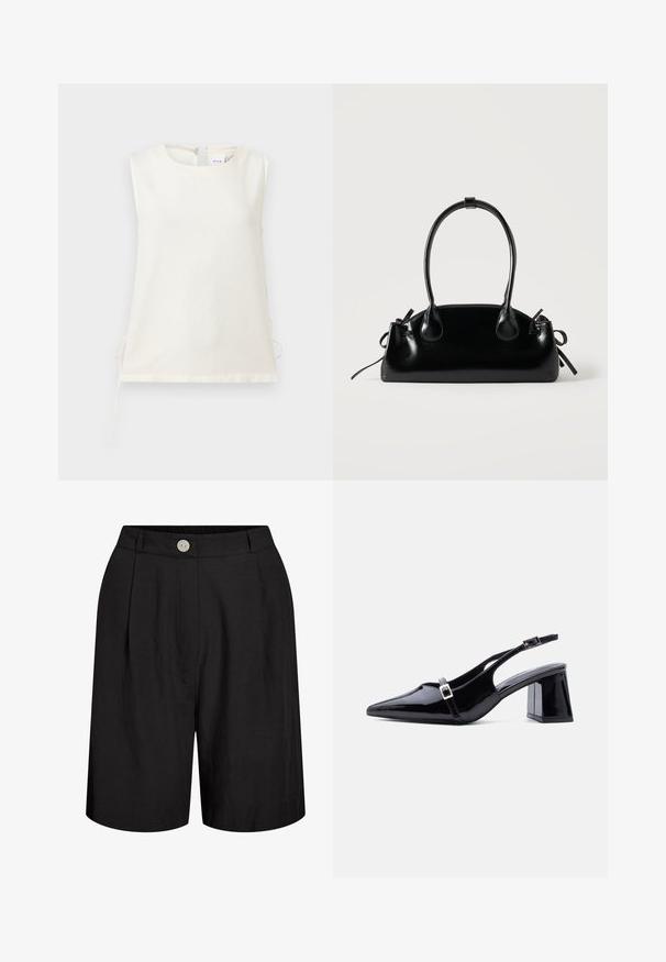 Blouse blanche sans manches avec encolure ronde et liens latéraux, fabriquée en tissu lisse, présentée sur un fond clair uni.; Short noir taille haute sur mesure avec plis à l'avant, passants pour ceinture et une seule fermeture par bouton blanc à la taille.; Escarpin à bride arrière en cuir verni noir, bout pointu, petit talon bloc bas, avec deux petites boucles argentées sur les brides.; Petit sac à main noir brillant avec deux longues anses et des détails à cordon sur les côtés sur un fond clair uni.