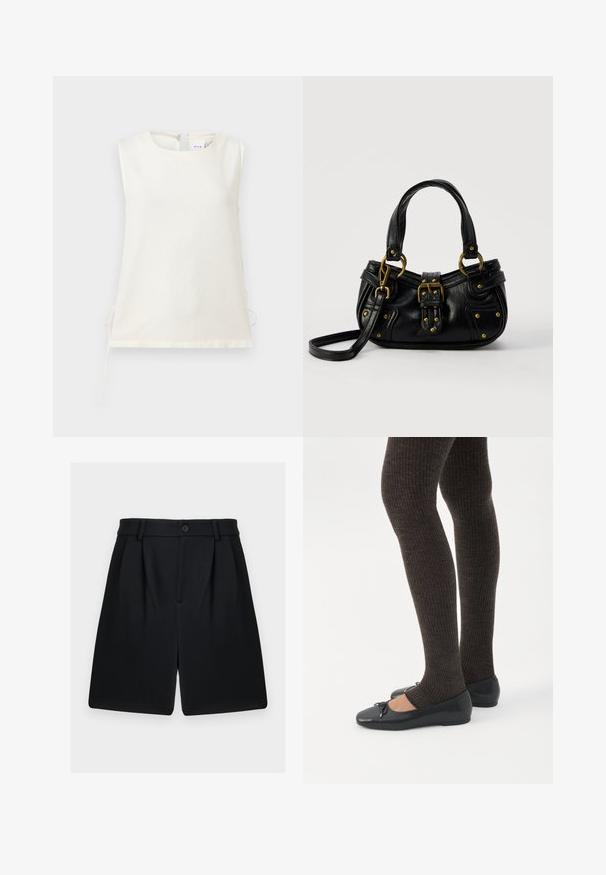 Blouse blanche sans manches avec encolure ronde et liens latéraux, fabriquée en tissu lisse, présentée sur un fond clair uni.; Shorts noirs sur mesure longueur genou avec passants de ceinture, plis devant, fermeture par boutons et fermeture éclair dissimulée.; Jambes portant des leggings côtelés foncés associés à des ballerines noires avec de petits détails en nœud sur fond blanc.; Sac à main en cuir noir avec boucle dorée et détails à rivets, poignées courtes et bandoulière réglable sur fond blanc uni.