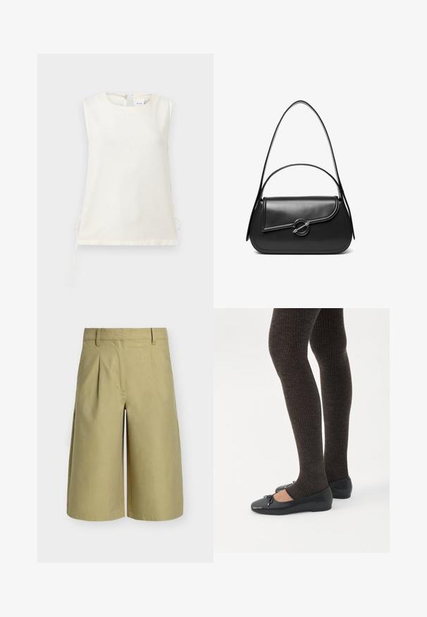 Blouse blanche sans manches avec encolure ronde et liens latéraux, fabriquée en tissu lisse, présentée sur un fond clair uni.; Shorts sur mesure kaki clair longueur genou avec passants de ceinture et plis devant sur fond blanc.; Jambes portant des leggings côtelés foncés associés à des ballerines noires avec de petits détails en nœud sur fond blanc.; Sac à bandoulière en cuir noir avec un rabat incurvé fermé par un fermoir métallique rond et une sangle fine et ajustable.
