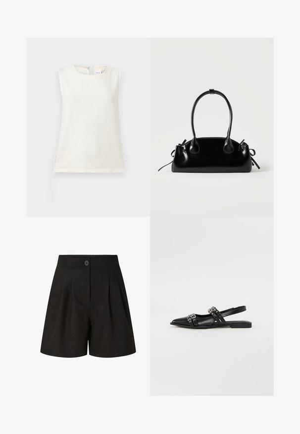 Blouse blanche sans manches avec encolure ronde et liens latéraux, fabriquée en tissu lisse, présentée sur un fond clair uni.; Shorts noirs taille haute ajustés avec plis à l'avant, fermeture par bouton et finition tissu lisse.; Even&Odd by Zalando Ballerines à brides arrière - black; Petit sac à main noir brillant avec deux longues anses et des détails à cordon sur les côtés sur un fond clair uni.