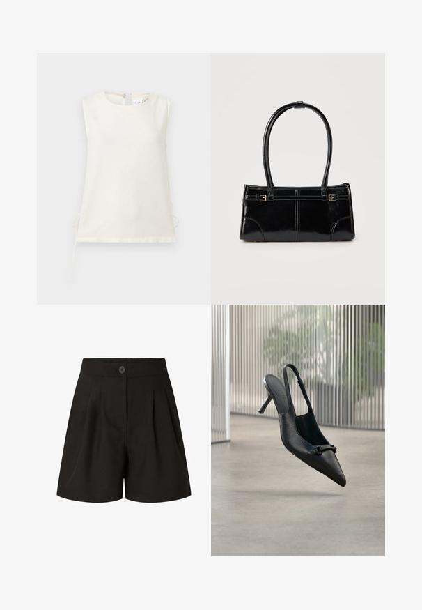 Blouse blanche sans manches avec encolure ronde et liens latéraux, fabriquée en tissu lisse, présentée sur un fond clair uni.; Shorts noirs taille haute ajustés avec plis à l'avant, fermeture par bouton et finition tissu lisse.; Chaussure à talon haut à bride arrière en cuir noir texturé avec un bout pointu et une petite boucle décorative, flottant au-dessus d'un sol lisse.; Sac à main rectangulaire noir brillant avec deux fines bretelles et petits détails de boucles dorées à l'avant.