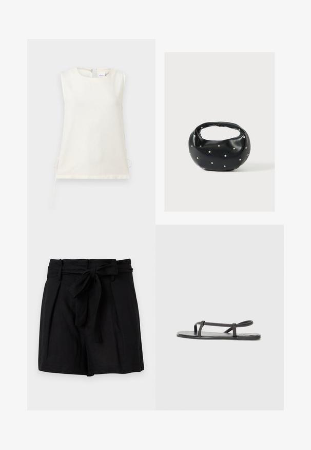 Blouse blanche sans manches avec encolure ronde et liens latéraux, fabriquée en tissu lisse, présentée sur un fond clair uni.; Shorts noirs taille haute avec une ceinture en tissu nouée en un nœud à l'avant et des poches latérales, présentés sur un fond blanc.; Sandales plates noires avec des sangles fines et texturées, au design minimaliste. La semelle est lisse et la forme globale est élégante et discrète.; Sac à main en cuir noir de forme arrondie, décoré de clous argentés et équipé d'une poignée courte. Texture lisse et fermeture éclair.