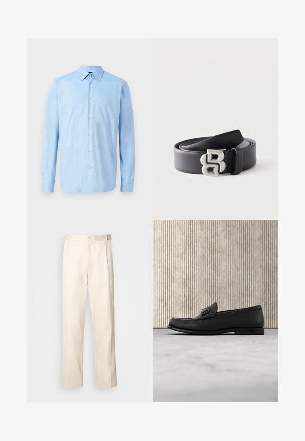 Camisa azul claro de manga larga con botones, fabricada en un tejido suave. Presenta un cuello clásico y una tapeta delantera con botones blancos.; Pantalones de algodón beige con corte recto, que cuentan con un cierre de botón y pliegues en la parte frontal para un detalle adicional.; Mocasín de cuero negro con detalle metálico, exhibido sobre una alfombra beige, con una mesa redonda marrón en el fondo.; Cinturón de cuero negro enrollado con una hebilla metálica plateada que presenta un diseño estilizado de doble "B" sobre un fondo blanco.
