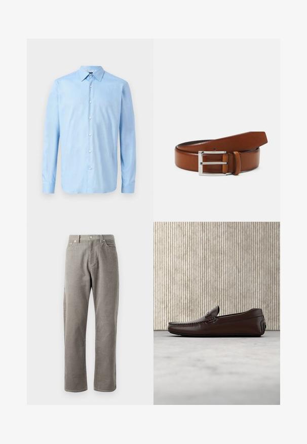 Camisa azul claro de manga larga con botones, fabricada en un tejido suave. Presenta un cuello clásico y una tapeta delantera con botones blancos.; Pantalones de pana grises con corte recto, que cuentan con una cintura alta, bolsillos frontales y una textura sutil de canalé vertical.; Mocasines de cuero marrón con un acabado suave, costura al estilo mocasín, puntera elevada y una suela de goma baja y flexible.; Cinturón de cuero marrón con textura lisa, con una hebilla rectangular de metal plateado y un extremo en punta.