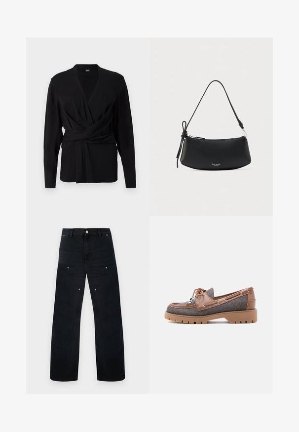 Top negro de envoltura hecho de una tela suave, con mangas largas, un escote en V y un cinturón atado que acentúa la cintura. Textura suave.; Pantalones de mezclilla negros de pierna ancha con cintura alta, con costuras discretas, dos bolsillos delanteros y detalles de herrajes metálicos.; Zapatos náuticos de cuero marrón y tela estampada con suela de goma, cordones decorativos y ojales de metal. Diseño plano con punta redondeada.; Bolso de mano de cuero negro con forma curva, acabado texturizado y una sola correa. Cuenta con cierre de cremallera y un logotipo en el frente.