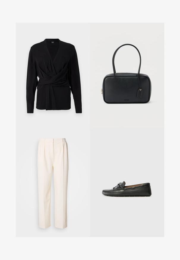 Top negro de envoltura hecho de una tela suave, con mangas largas, un escote en V y un cinturón atado que acentúa la cintura. Textura suave.; Lacoste Pantalones - lapland; Zapato náutico de cuero negro con punta redondeada, detalles de costura, pequeño lazo decorativo y suela de goma. Textura suave y diseño aerodinámico.; Bolso rectangular negro con asas dobles redondeadas, cremallera dorada y logo "HUGO" en relieve en el frente con etiqueta de cuero adjunta.