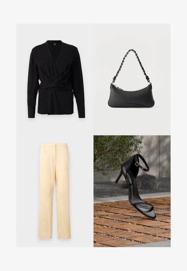 Top negro de envoltura hecho de una tela suave, con mangas largas, un escote en V y un cinturón atado que acentúa la cintura. Textura suave.; Pantalones sueltos de color amarillo claro con un sutil estampado de hojas. Cuentan con una cinturilla elástica y un diseño de pierna recta. Textura suave.; Sandalia negra de tacón alto con correa en el tobillo, parece suspendida sobre un suelo de baldosas de madera al aire libre, con un fondo difuminado de vegetación y piedra.; Bolso de hombro de cuero negro con forma rectangular curvada, cadena dorada entrelazada en una correa negra trenzada y cierre superior con cremallera.