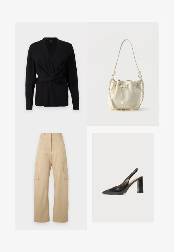 Top negro de envoltura hecho de una tela suave, con mangas largas, un escote en V y un cinturón atado que acentúa la cintura. Textura suave.; Pantalones cargo beige de algodón, con una cintura alta, perneras anchas, dos bolsillos laterales y dos grandes bolsillos cargo en los muslos.; Zapato de mujer slingback de piel negra con puntera puntiaguda y tacón alto grueso de bloque sobre fondo blanco.; Bolso bombonera de cuero crema con cierre de cordón, cadena trenzada y correa de cuero para el hombro, y ojales en tono dorado.