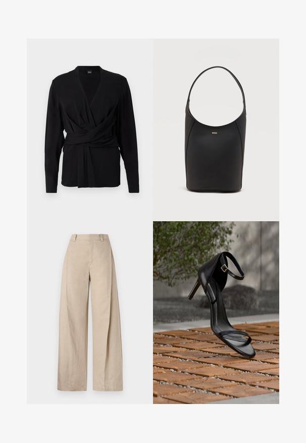 Haut enveloppant noir en tissu doux, avec des manches longues, un décolleté en V et une ceinture nouée mettant en valeur la taille. Texture lisse.; Pantalons larges en lin beige à taille haute, avec une texture lisse et des lignes épurées, conçus pour un ajustement décontracté.; Sandale noire à talon haut avec sangle à la cheville, suspendue au-dessus d'un sol en carreaux de bois à l'extérieur, avec un arrière-plan flou de verdure et de pierre.; Sac seau en cuir noir avec une seule bandoulière et un petit logo BOSS doré centré près du haut à l'avant.