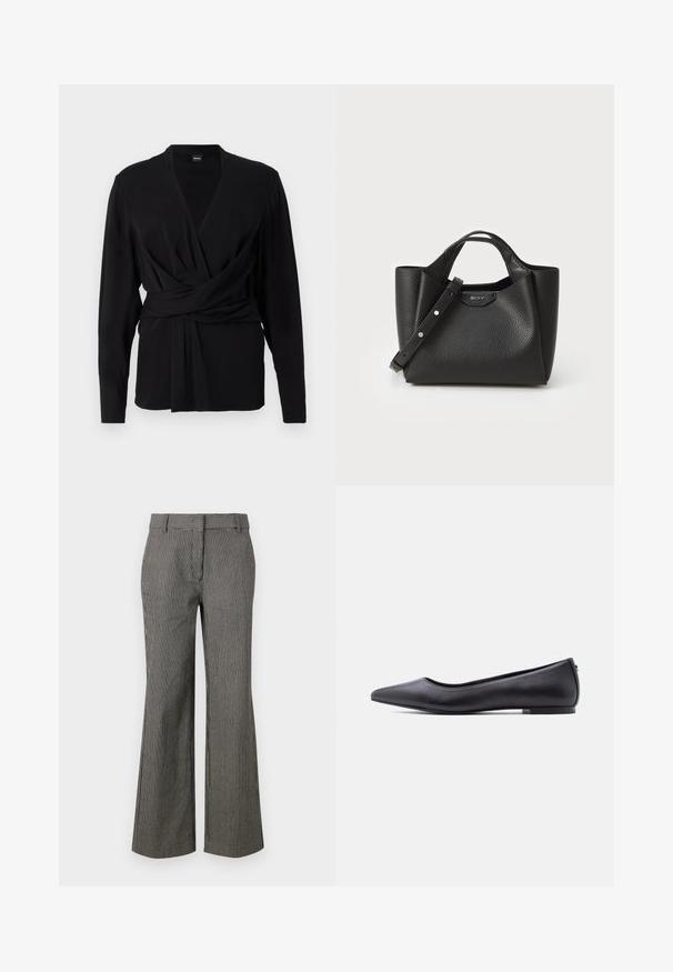 Top negro de envoltura hecho de una tela suave, con mangas largas, un escote en V y un cinturón atado que acentúa la cintura. Textura suave.; Pantalones de pierna ancha a rayas en blanco y negro. Hechos de una tela ligera con una textura suave. Presentan una cintura y bolsillos frontales.; Zapato plano de cuero negro con punta puntiaguda y tacón bajo, mostrado de perfil contra un fondo blanco.; Bolso de mano de cuero negro con superficie texturizada, forma estructurada, dos asas cortas y una correa para el hombro desmontable. Presenta una placa con el logo.