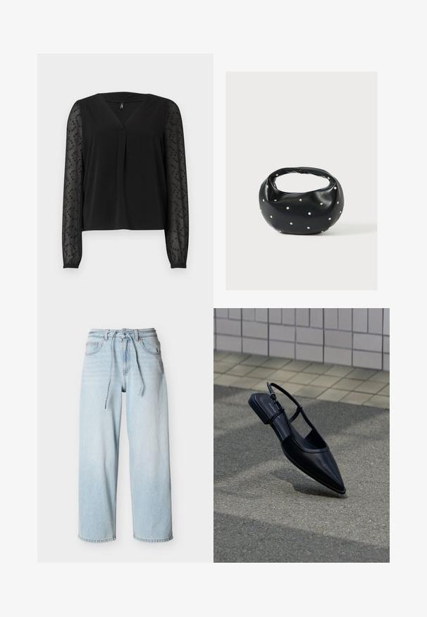 Blouse noire avec un col en V et un pli court à l'avant. Les longues manches transparentes présentent des détails en perles subtils. Tissu du corps lisse avec une coupe décontractée.; Jean en denim bleu clair à jambes larges avec taille à cordon, poches avant et passants pour ceinture sur un fond uni.; Chaussure plate noire à bout pointu avec bride arrière, flottant au-dessus d'une surface en bitume à côté d'un trottoir carrelé.; Sac à main en cuir noir de forme arrondie, décoré de clous argentés et équipé d'une poignée courte. Texture lisse et fermeture éclair.