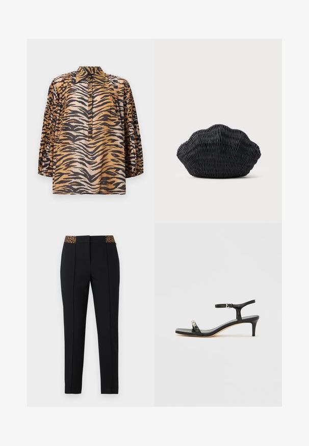 Blouse à manches longues avec manches plissées, motif imprimé tigre aux nuances d'orange, noir et beige, et patte de boutonnage à l'avant avec col pointu.; Pantalon noir slim avec plis devant et détail ceinture imprimé léopard, présenté sur un fond clair.; Sandale noire en cuir à talon avec bride à la cheville, bout ouvert, devant carré et accent en métal argenté. Design ajusté avec un profil élégant.; Sac à main en osier noir en forme de coquille Saint-Jacques avec un dessus courbé et une texture tressée sur un fond uni.