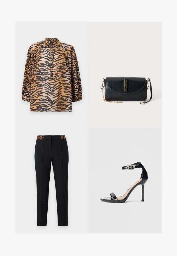Blouse à manches longues avec manches plissées, motif imprimé tigre aux nuances d'orange, noir et beige, et patte de boutonnage à l'avant avec col pointu.; Pantalon noir slim avec plis devant et détail ceinture imprimé léopard, présenté sur un fond clair.; Sandale à talon haut en cuir verni noir avec bride à la cheville. Présente un design minimaliste, un bout ouvert et une boucle ornée de strass.; Sac bandoulière en cuir noir avec rabat incurvé, bandoulière chaîne dorée et fermoir doré en forme de pince à linge sur fond uni.