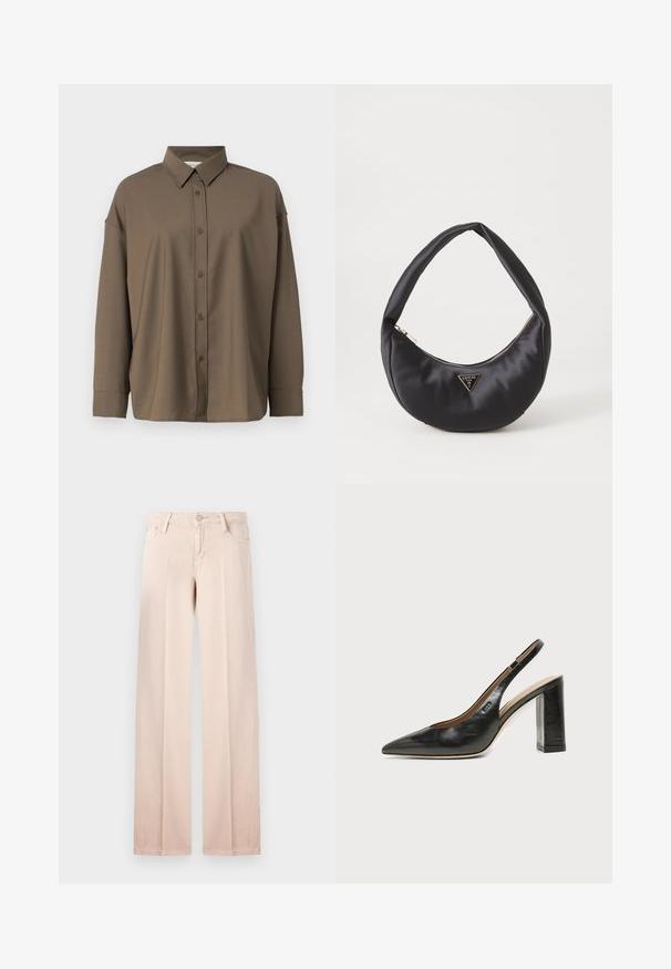 Chemise marron à boutons avec un col structuré, des manches longues et un tissu texturé. Elle présente une coupe droite et une fermeture à boutons sur le devant.; Jean large beige en tissu en coton mélangé lisse, avec un design à cinq poches, des passants de ceinture et une fermeture à bouton. Style minimaliste et couleur claire.; Chaussure slingback en cuir noir à bout pointu avec un talon bloc haut et une doublure intérieure beige sur un fond clair uni.; Sac à main en satin noir avec une forme courbée, doté d'une fermeture à glissière et d'un logo triangulaire en métal à l'avant. Texture lisse et design épuré.