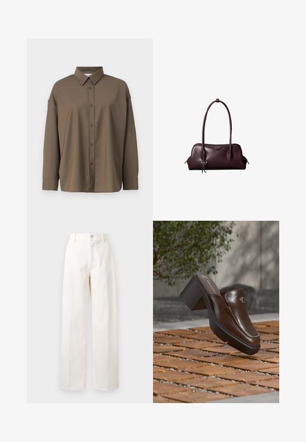 Chemise marron à boutons avec un col structuré, des manches longues et un tissu texturé. Elle présente une coupe droite et une fermeture à boutons sur le devant.; Pantalons larges blancs en coton, dotés d'une fermeture à bouton à l'avant, de passants de ceinture et d'une coupe droite sans motifs visibles.; Mule à talon en cuir marron Calvin Klein flottant au-dessus d'un sol en carrelage en bois avec en arrière-plan une plante verte et un mur flous.; Sac à main en cuir brun foncé Calvin Klein avec de longues poignées doubles et un petit porte-clé logo suspendu à une poignée.