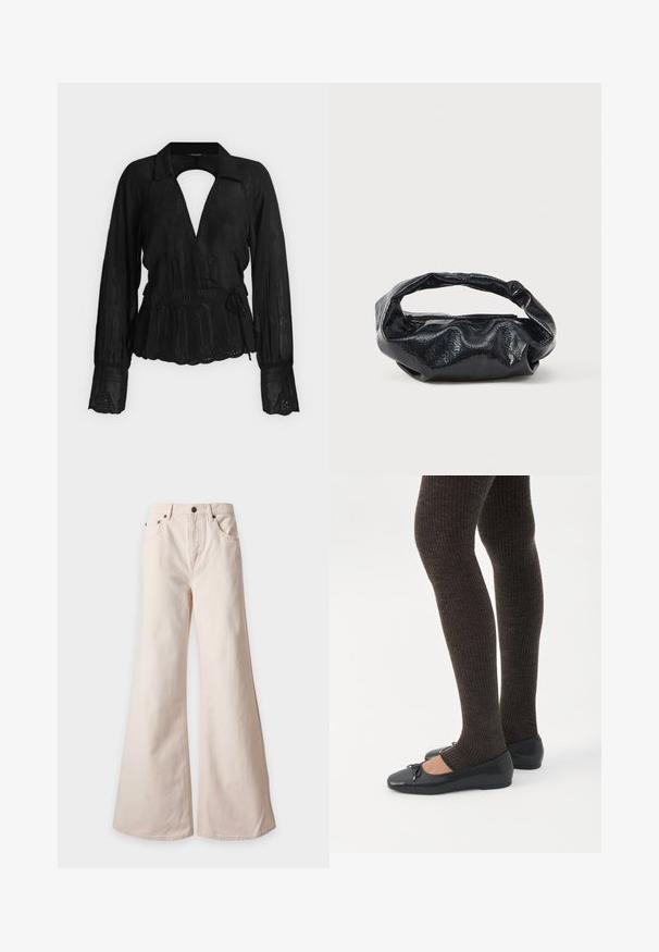 Blouse noire à manches longues avec col, découpe en V profond, ourlet festonné, ceinture à la taille et motifs floraux brodés sur tissu transparent.; Pantalon beige taille haute à jambes larges avec poches avant, passants pour ceinture et fermeture par bouton, présenté sur fond blanc.; Jambes portant des leggings côtelés foncés associés à des ballerines noires avec de petits détails en nœud sur fond blanc.; Sac noir en matériau texturé et brillant avec une poignée circulaire torsadée et une fermeture éclair. Présente un design doux et froissé.