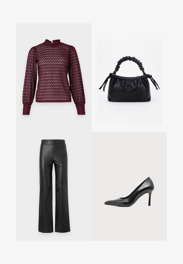Bordeaux lange mouwen top met een hoge hals, een textuurpatroon en gesmokerde mouwen. Gemaakt van een lichte, semi-doorzichtige stof.; Zwarte faux leren flare-broek met een gladde textuur, hoge tailleband en zonder zichtbare hardware of versieringen. Recht gesneden pijpdesign.; Zwarte lakleren damesschoen met hoge hak, puntige neus en smalle hak op een effen lichte achtergrond.; Zwarte handtas met krokodillenstructuur, geplooide bovenrand, samengevoerde handgreep en koordtassels aan elke kant tegen een witte achtergrond.