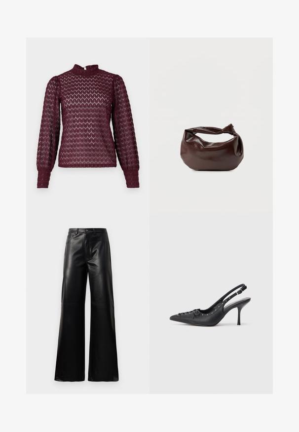 Bordeaux lange mouwen top met een hoge hals, een textuurpatroon en gesmokerde mouwen. Gemaakt van een lichte, semi-doorzichtige stof.; Zwarte high-waisted wide-leg neplederen broek met een voorste knoop, ritssluiting, riemlussen en zijzakken op een witte achtergrond.; Zwarte leren slingback stiletto met spitse neus, zijgesp met gesp, studs langs de rand en decoratieve veters aan de voorkant.; Donkerbruine leren schoudertas met een zachte, slungelige vorm en een gedraaide knoopvormige handgreep op een effen witte achtergrond.