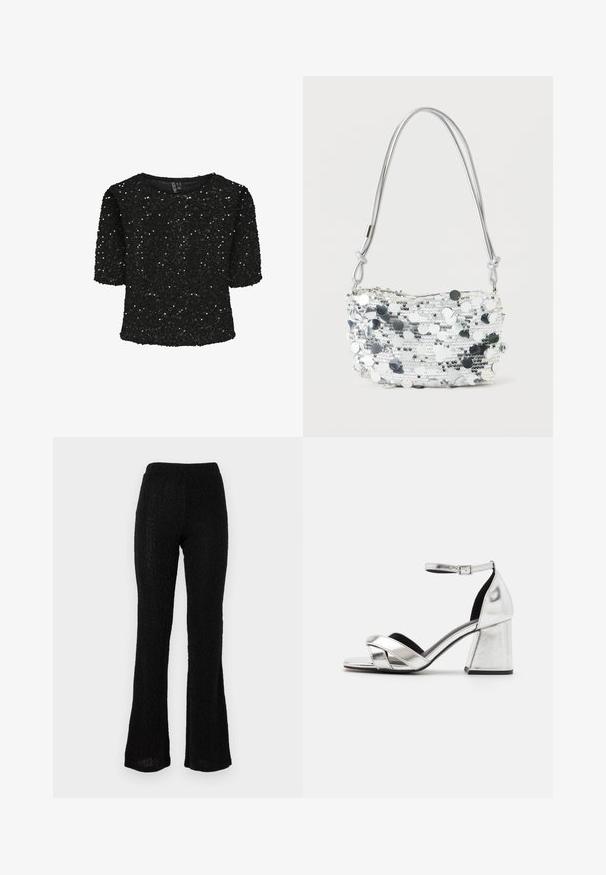 Haut noir à manches courtes recouvert de sequins, avec un col rond et une texture douce. Mis en valeur par des reflets scintillants et une coupe décontractée.; Pantalons évasés noirs en tissu texturé avec un motif subtil. Ceinture élastique, léger et design full-length.; Sandales à talons hauts métalliques argentées avec un design à lanières croisées, une lanière de cheville et un talon carré. Surface lisse avec doublure intérieure noire.; Sac à main en sequins argentés de forme arrondie, avec une fermeture éclair et une fine bandoulière métallique. Présente des accents circulaires réfléchissants et une surface texturée.