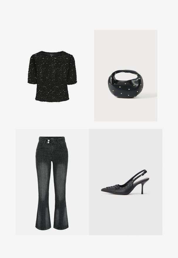 Zwarte korte mouwen top bedekt met pailletten, met een ronde halslijn en een zachte textuur. Versterkt met glans en een relaxte pasvorm.; Zwart gewassen denim jeans met hoge taille, dubbele knoopsluiting, voorzakken en licht uitlopende pijpen.; Zwarte leren slingback stiletto met spitse neus, zijgesp met gesp, studs langs de rand en decoratieve veters aan de voorkant.; Zwarte leren handtas met een afgeronde vorm, versierd met zilveren studs, en een korte handgreep. Gladde textuur en ritsluiting.