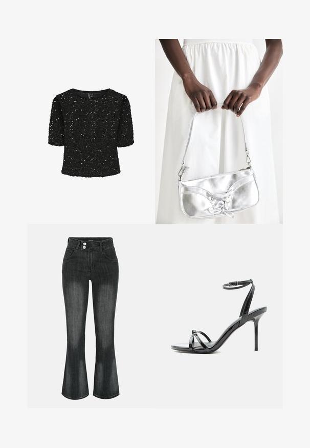 Schwarzes kurzärmeliges Oberteil, das mit Pailletten bedeckt ist, mit einem runden Halsausschnitt und einer weichen Textur. Akzentuiert mit Glanz und einem lockeren Schnitt.; Schwarze gewaschene Denim-Jeans mit hoher Taille, Doppelknopfverschluss, Vordertaschen und leicht ausgestellten Beinen.; Schwarze Sandale aus Lackleder mit hohen Absätzen, dünnen Riemen über den Zehen und einem Knöchelriemen mit Schnalle auf weißem Hintergrund.; Silberne metallische Handtasche mit Schnürdetail, die ein elegantes Design und einen kurzen Tragegurt aufweist. Die Tasche wird in den Händen gehalten und zeigt ihre Textur.