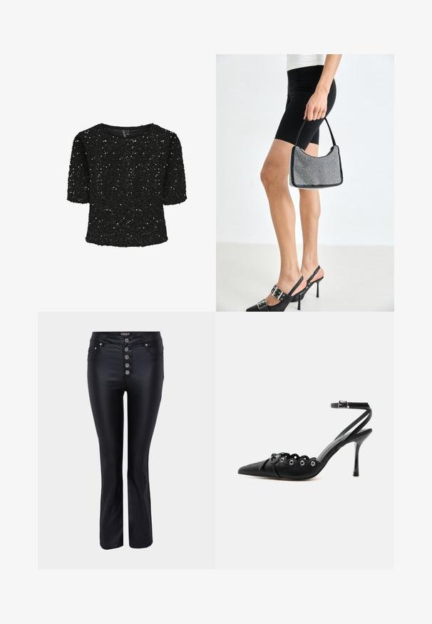 Haut noir à manches courtes recouvert de sequins, avec un col rond et une texture douce. Mis en valeur par des reflets scintillants et une coupe décontractée.; Jean évasé noir au design élégant, fabriqué à partir d'un matériau lisse. Comprend cinq fermetures à boutons argentés et des poches à l'avant.; Chaussure à talon haut noire à bout pointu, bords festonnés, œillets métalliques, lacets à l'avant et bride de cheville avec fermeture à boucle.; Sac à main à perles noires avec une silhouette courbée, une poignée de transport et une texture brillante. Porté avec des chaussures à talons hauts noires et un short noir ajusté.