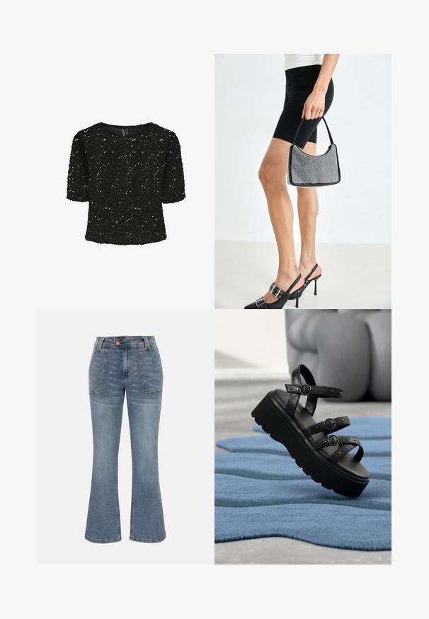 Zwarte korte mouwen top bedekt met pailletten, met een ronde halslijn en een zachte textuur. Versterkt met glans en een relaxte pasvorm.; Blauwe denim jeans met hoge taille, voorzakken met patch, knoop- en ritssluiting en een licht uitlopende broekspijpsilhouet.; Zwarte platformsandaal met drie verstelbare riemen met gespen, geplaatst op een gestructureerd blauw tapijt met een wazige achtergrond.; Zwarte beaded handtas met een gebogen silhouet, draaghandvat en glanzende textuur. Draagt bij hoge zwarte hakken en strakke zwarte shorts.