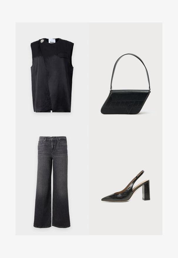 Haut sans manches noir avec un design diagonal, une poche poitrine unique et un accent en bouton argenté surdimensionné. Fabriqué à partir d'un tissu lisse.; Jean en denim gris foncé à jambe large avec un dégradé subtil, doté d'une fermeture à bouton, de cinq poches et d'un ourlet droit au niveau de la cheville.; Chaussure slingback en cuir noir à bout pointu avec un talon bloc haut et une doublure intérieure beige sur un fond clair uni.; Sac d'épaule en cuir noir de forme triangulaire, avec un logo embossé et une seule bandoulière réglable. Design minimaliste avec une texture lisse.