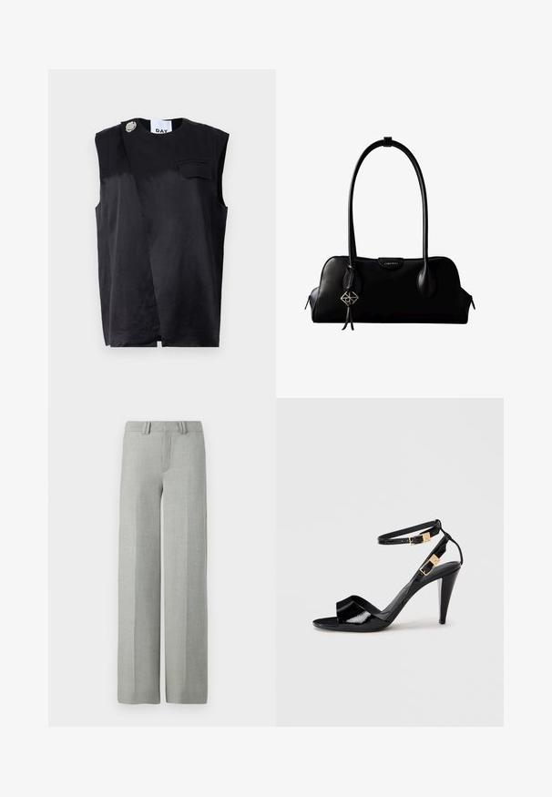 Haut sans manches noir avec un design diagonal, une poche poitrine unique et un accent en bouton argenté surdimensionné. Fabriqué à partir d'un tissu lisse.; Pantalons larges gris en tissu léger, dotés d'un devant plat, de passants de ceinture et de lignes épurées et taillées sans motifs visibles.; Sandale à talon haut en cuir verni noir avec double bride de cheville et boucles dorées, bout ouvert, et talon effilé sur fond neutre.; Sac à main en cuir noir Calvin Klein avec de longues anses, une étiquette logo à l'avant et un charme géométrique argenté suspendu à une anse.