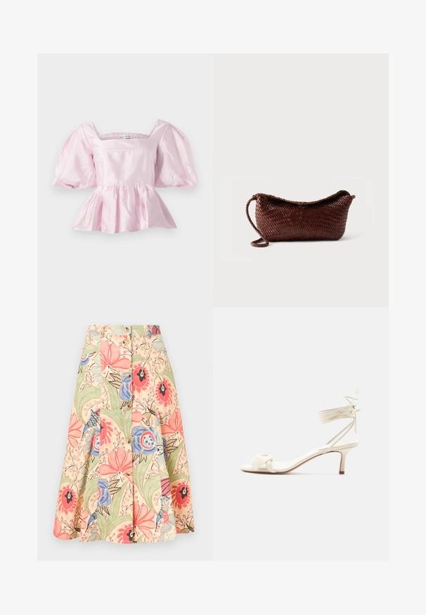 Hele roosa peplum tops, mis on valmistatud läikivast satiinikangast. Omab ruudukujulist kaelust ja puhvvarrukaid, millel on elastne äär.; Nööbituga eest A-lõikeline seelik suure lillemustriga roosa, sinise, rohelise ja beeži toonides heledal taustal.; Kreemikas madala kontsaga sandaal, millel on pahkluu ümber seotud paelad ja lai keerutatud rihm varvaste kohal, valgel taustal.; Pruun nahast kootud käekott ühe rihmaga ja kaardus ülaosaga ühtlase valge tausta vastu.