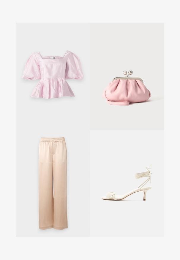 Lichtroze peplumtop van glanzende satijnstof. Heeft een vierkante halslijn en puffmouwen met een elastische zoom.; Lichtbeige wijde broek van gladde stof met een elastische tailleband en minimale naden, met een rechte snit en zonder zakken.; Roomkleurige sandalen met lage hak, enkelriempjes en een brede gedraaide band over de tenen, op een effen witte achtergrond.; Kleine zachte roze clutch met zilverkleurig metalen frame en ronde sluiting, liggend op een vlakke lichte ondergrond met polsriem vooraan gevouwen.