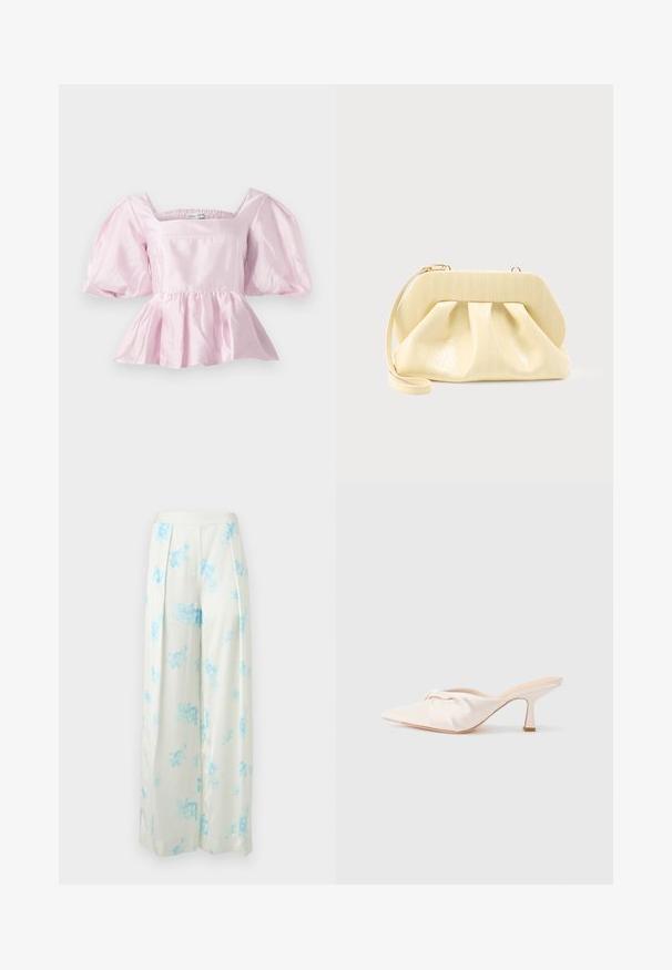 Hele roosa peplum tops, mis on valmistatud läikivast satiinikangast. Omab ruudukujulist kaelust ja puhvvarrukaid, millel on elastne äär.; Valged laiade sääreosadega püksid helesinise lillelise mustriga, esikäevõttude ja kõrge vöökohaga tavalise tausta ees.; Heledat beežikat värvi mule king kangast, esiküljel sõlmitud disainiga, terava varbaga ja õhukese, kitseneva kontsaga. Üldiselt sileda tekstuuriga.; Kreemivärvi nahast käekott, millel on tugeva konstruktsiooniga ülemine raam ja randmerihm, eksponeeritud ühevärvilise heledana tausta ees.