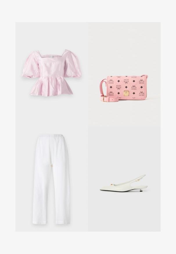 Top peplum de color rosa claro, confeccionado en una tela de satén brillante. Presenta un escote cuadrado y mangas abullonadas con un dobladillo elástico.; Pantalones blancos, holgados, con una cintura elástica, hechos de una tela texturizada. Diseño de pierna recta con puños simple rematados.; Zapatos slingback de cuero blanco con punta afilada, acento de herrajes dorados y un tacón bajo en bloque. Textura suave con detalles recortados.; Bolso bandolera de piel rosa con logos negros de MCM y placa metálica dorada, con una correa ajustable y textura granulada.