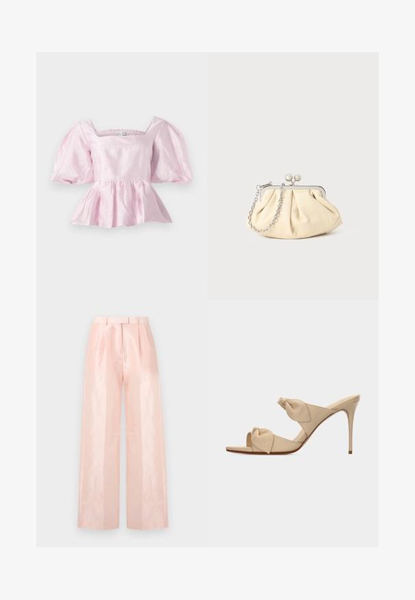 Hele roosa peplum tops, mis on valmistatud läikivast satiinikangast. Omab ruudukujulist kaelust ja puhvvarrukaid, millel on elastne äär.; Soe roosa kõrge puusaga laiad püksid, millel on sile, läikiv tekstuur, voldid esiküljel ja sobiv vöö.; Beež avatud varbaga kõrge kontsaga sandaal, kahel keeratud sõlmekujulisel rihmal ja õhukese kontsaga, valgel taustal.; Kortsus beežist nahast kotike, millel on hõbedane metallraam, kaunistatud kahe ümmarguse dekoratiivse lukuga ja hõbedase ketispideme.
