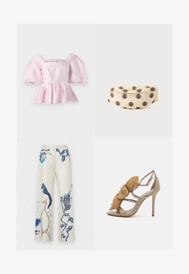 Hele roosa peplum tops, mis on valmistatud läikivast satiinikangast. Omab ruudukujulist kaelust ja puhvvarrukaid, millel on elastne äär.; Beežid laia lõikega püksid siniste botaaniliste ja linnumustritega, millel on detailne lehtede, okste ja oksal pesitseva linnu kujundus.; Beige stiilito sandaal, millel on ees kudumisest valmistatud õhuveen, rihmadega disain ja suletud tagumine osa. Sile nahk ülaosas ja tallal.; Beežist kangast vöökott uduste mustade täppidega ja esiküljel väikeste mustade tähtedega trükitud "STINE GOYA".