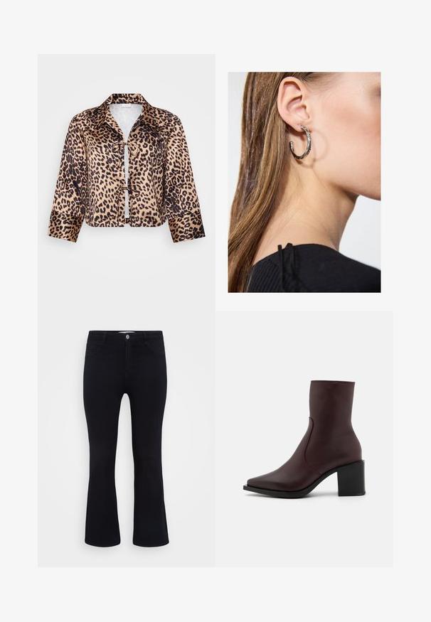 Leopardi trükkiga lühike jakk, millel on läikiv satiinmaterjal, klassikaline krae, pikad varrukad ja esine side.; ONLY Carmakoma Flared fit CARTHUNDER Mid waist - Alt laienevad teksad - black denim; Zign LEATHER - Klassikalised poolsaapad - bordeaux; Hõbedane rõngas kõrvarõngas poleeritud viimistlusega, millel on väikesed kuldsed aktsendid ja ümmargune kuju, kantud lobus.