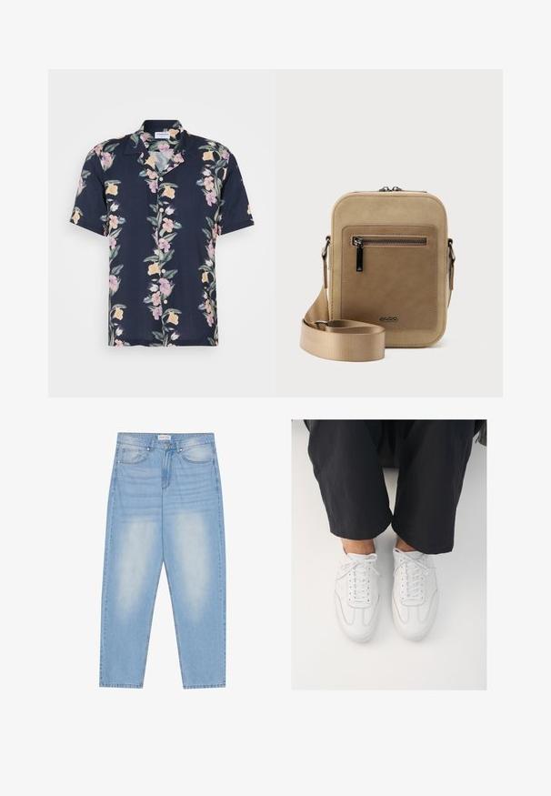 Camisa de manga corta en tela azul marino oscuro con un patrón floral de flores rosas y amarillas, y un cuello clásico con botones.; Vaqueros de mezclilla azul claro con un corte relajado, que cuentan con cinco bolsillos, un ligero desgaste y costuras a lo largo de las costuras.; Zapatillas de cuero blanco con una textura lisa, punta redonda y sistema de cierre clásico, posicionadas sobre pantalones oscuros de corte holgado.; Bolso pequeño beige tipo bandolera con bolsillo frontal con cremallera, logo metálico de ALDO, correa ancha ajustable y forma rectangular redondeada sobre fondo blanco.