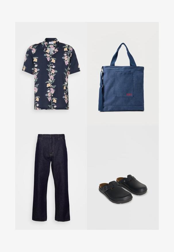 Camisa de manga corta en tela azul marino oscuro con un patrón floral de flores rosas y amarillas, y un cuello clásico con botones.; Jeans de mezclilla de pierna recta en azul oscuro con bolsillos frontales, trabillas para el cinturón, cierre de cremallera y botón, mostrados sobre un fondo blanco liso.; Zuecos negros sin cierre con correas laterales ajustables con hebilla y plantillas de corcho contorneadas sobre un fondo neutro.; Bolso tote de lona azul con bolsillo frontal y bordado rojo "O.N.S", con asas dobles y una correa ajustable para el hombro.