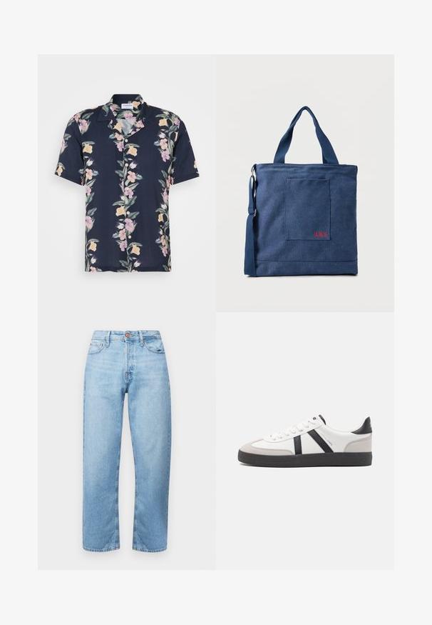 Kurzarmhemd aus dunkelblauem Stoff mit einem Blumenmuster in Pink und Gelb sowie einem klassischen Kragen mit Knöpfen.; Hellblaue Jeans aus Denim mit geradem Schnitt, Fünf-Taschen-Design und Knopfverschluss. Glatte Textur und minimale Ausbleichung mit gestickten Akzenten.; Weiße Sneaker mit schwarz- und grau-aczenten, ausgestattet mit einer strukturierten grauen Zehenkappe, schwarzer Gummi-Sohle und flachen weißen Schnürsenkeln. Sauberes Design, minimalistische Stil.; Blauer Canvas-Einkaufstasche mit Vordertasche und roter "O.N.S" Stickerei, ausgestattet mit zwei Griffen und einem verstellbaren Schulterriemen.