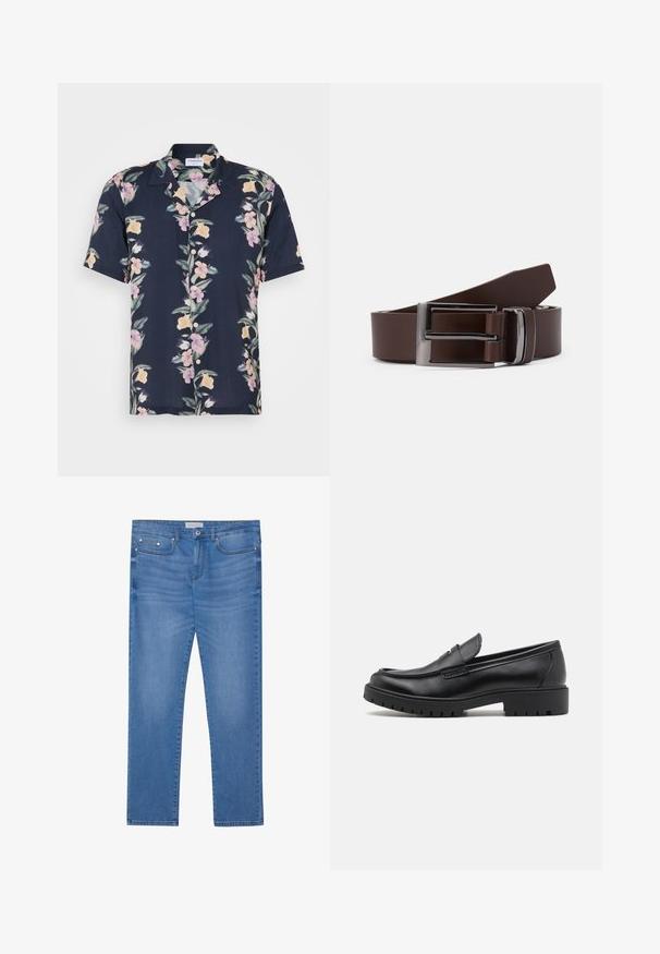 Chemise à manches courtes en tissu bleu marine foncé avec un motif floral comportant des fleurs roses et jaunes, et un col classique avec des boutons.; Jeans en denim bleu clair avec une coupe droite, design à cinq poches, décoloration subtile et accents en métal au niveau de la taille et des poches.; Mocassins en cuir noir avec un bout arrondi, un design à enfiler et une semelle en caoutchouc épaisse avec une texture antidérapante. Talon surélevé et détails de surpiqûre subtils.; Ceinture en cuir marron avec une boucle en métal argenté, présentant une texture lisse et un design rectangulaire épuré. Simple et fonctionnelle.
