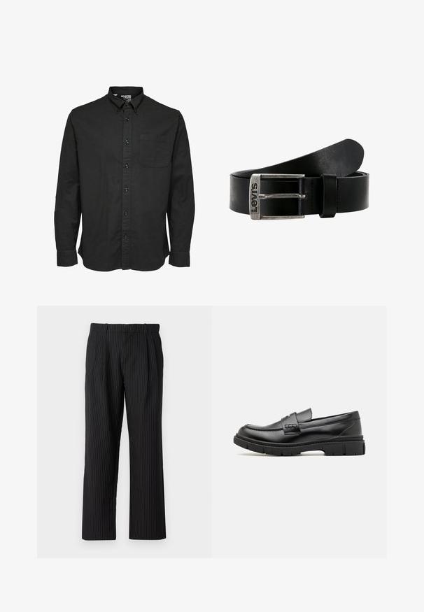 Sort langærmet skjorte med knapper i bomuldsstof, med standard krave, brystlomme og matchende sorte knapper.; Jack & Jones JPSTBILL JJDAYTONA WIDE CHINO - Chino - black; Sort læder loafersko med en bred rem over forfoden, gummisål med tykke mønstre og glat overflade. Klassisk, slankt design.; Sort læderbælte med en sølv rektangulær spænde. Spændet har "Levi's" logoet præget på forsiden. Glat overflade.