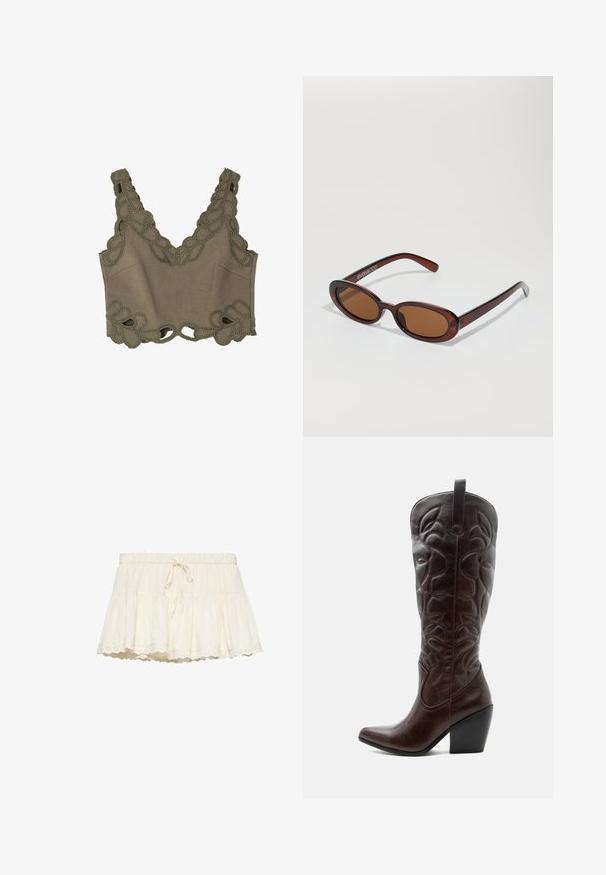 Olijfgroene crop top met decoratieve haakrand rond de halslijn en zoom, van zacht materiaal en met een V-hals ontwerp.; Crèmekleurige gelaagde minirok met elastische tailleband, trekkoord en geschulpte kanten zoom.; Lange donkerbruine leren cowboylaars met gestikte decoratieve patronen, spitse neus en gestapelde blokhak.; Ronde, bruin getinte zonnebril met een glanzend bordeauxrood frame. Slanke pootjes met subtiele merkdetails. Vlakke lensontwerp.