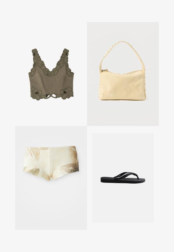 Olijfgroene crop top met decoratieve haakrand rond de halslijn en zoom, van zacht materiaal en met een V-hals ontwerp.; Gehaakte shorts in lichtbeige met een bloemenpatroon. Heeft een gestructureerd oppervlak en een golvende zoom. Zacht en lichtgewicht stof.; Zwarte rubberen flip-flopsandaal met gestructureerde zool en gladde bandjes, zijaanzicht tegen een effen lichtgrijze achtergrond.; Kleine beige leren handtas met een enkele band en zilveren studs langs de randen en band, tegen een effen achtergrond.