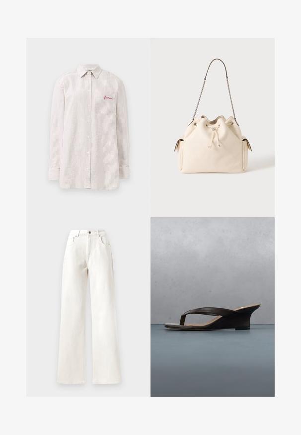 Beige en witte verticale gestreepte button-up shirt met lange mouwen, voorzien van een borstzakje geborduurd met het rode "fiorucci" logo.; Witte wijde jeans met een knoopsluiting, riemlussen en vijf zakken. Glad textuur met zichtbare stiksels.; Zwarte sleehak sandaal met teenslippers op een houten plank en stenen grond buiten, nabij groene planten en een betonnen muur.; Crème lederen gewatteerde schoudertas met trekkoordsluiting, metalen kettingriem en zijvakken op een effen achtergrond.