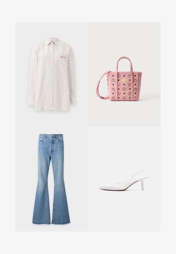 Beige en witte verticale gestreepte button-up shirt met lange mouwen, voorzien van een borstzakje geborduurd met het rode "fiorucci" logo.; Lichtblauwe denim jeans met hoge taille, uitlopende pijpen en een onafgewerkte zoom.; Witte leren slingback damesschoen met spitse neus, lage kittenhak en een kleine decoratieve strik bovenop, zijaanzicht.; Roze MCM totebag met zwart logopatroon, gouden vierkante merkplaat, dubbele handvatten en verstelbare schouderriem op een witte achtergrond.