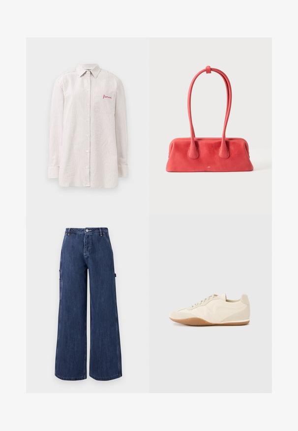 Kreemjas ja valges vertikaalses triibustikus pikkade varrukatega nööbitav särk, millel on rinnatasku, millel on punane "fiorucci" logo.; Tume sinised laia säärtega teksapüksid ees nööbi, lukuga, küljetaskute ja vööaasadega, esitatud valgel taustal.; Heledad beeži vabaajajalatsid, millel on tekstuuriga nahast pealse, tekstuuriga küljepaneelid ja kummist tallad. Omaduseks on peenike, voolujooneline disain ja lamedad paelad.; Punane nahast käekott pika, õhukese sangaga, mis on ülaosas aasaga kinni seotud, kuvatud ühevärvilise hele tausta ees.