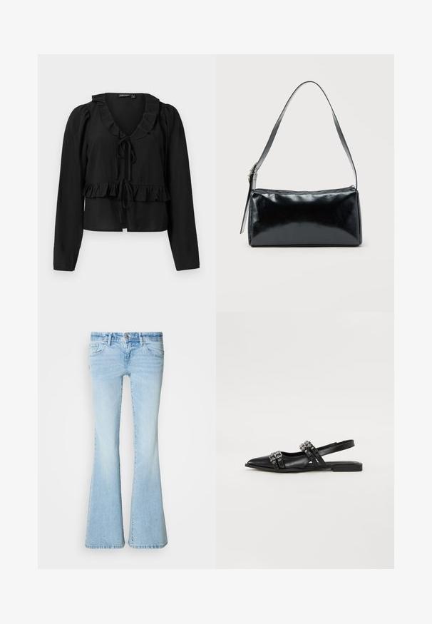 Schwarze Bluse mit langen Ärmeln, rüschigem Ausschnitt und Saum, mit einer Bindeschließe vorne und einer weichen, leichten Textur.; Hellblaue Jeans mit ausgestelltem Bein aus Denim. Sie verfügen über fünf Taschen, einen Knopfverschluss und eine ausgewaschene Optik mit dezenten Waschungen an den Oberschenkeln.; Even&Odd by Zalando Sling-Ballerina - black; Schwarze rechteckige Schultertasche mit einem verstellbaren Riemen und einem oberen Reißverschluss vor einfachem Hintergrund.