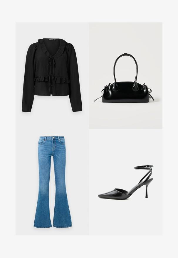 Schwarze Bluse mit langen Ärmeln, rüschigem Ausschnitt und Saum, mit einer Bindeschließe vorne und einer weichen, leichten Textur.; Blaue Denim-Jeans im Schlagstil mit mittelhohem Bund, fünf Taschen, einem normalen Knopfverschluss und leichter Verblassung für Textur.; Schwarzer spitzer High Heel mit dünnen Knöchelriemen und silberner Schnalle auf einfachem hellem Hintergrund.; Kleine schwarze glänzende Handtasche mit zwei langen Griffen und seitlichen Kordelzug-Details vor einfachem hellem Hintergrund.